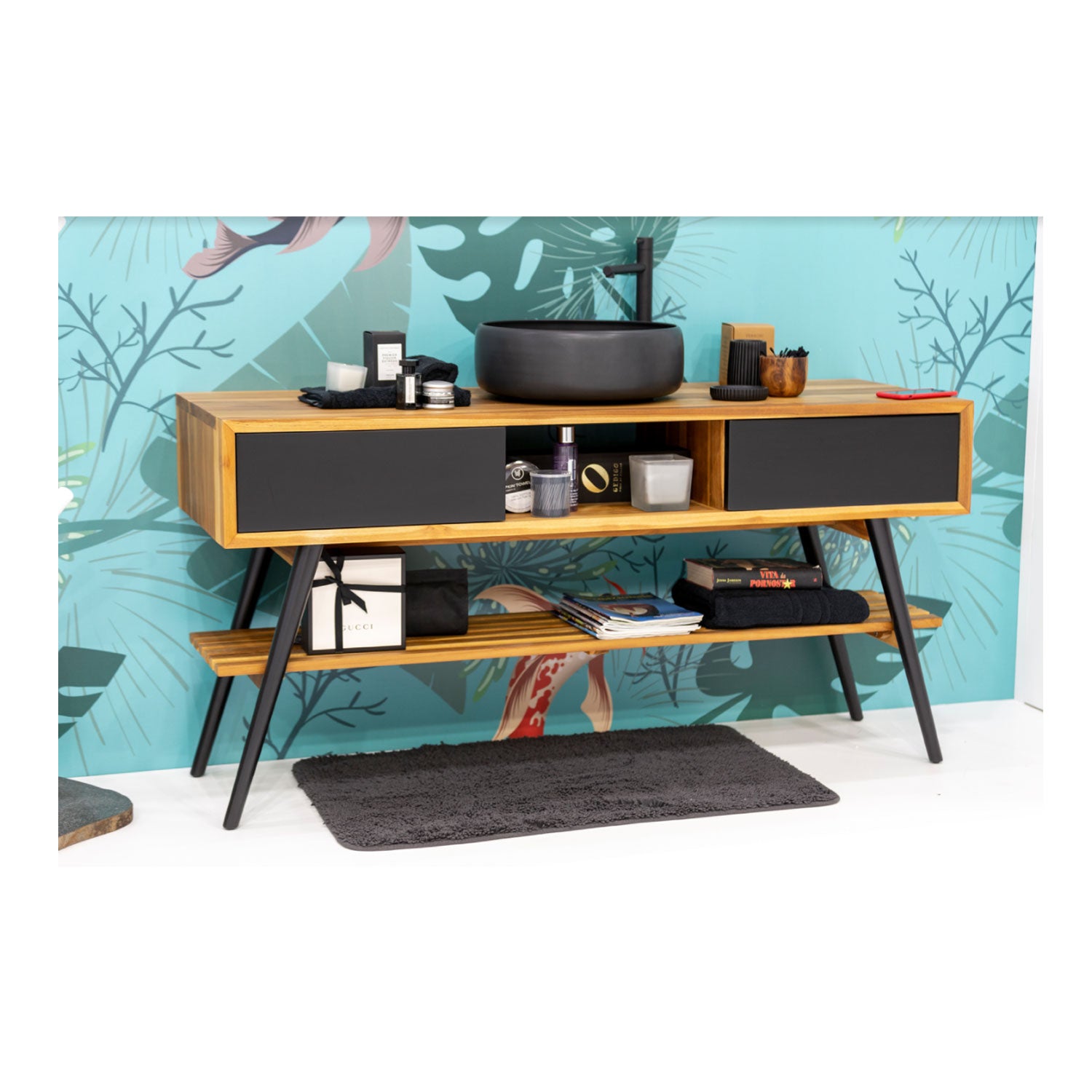 Consolle da bagno in Teak naturale serie Feelgood Cipi 150cm - frontale nero by CeramicStore | Lo specialista del tuo bagno