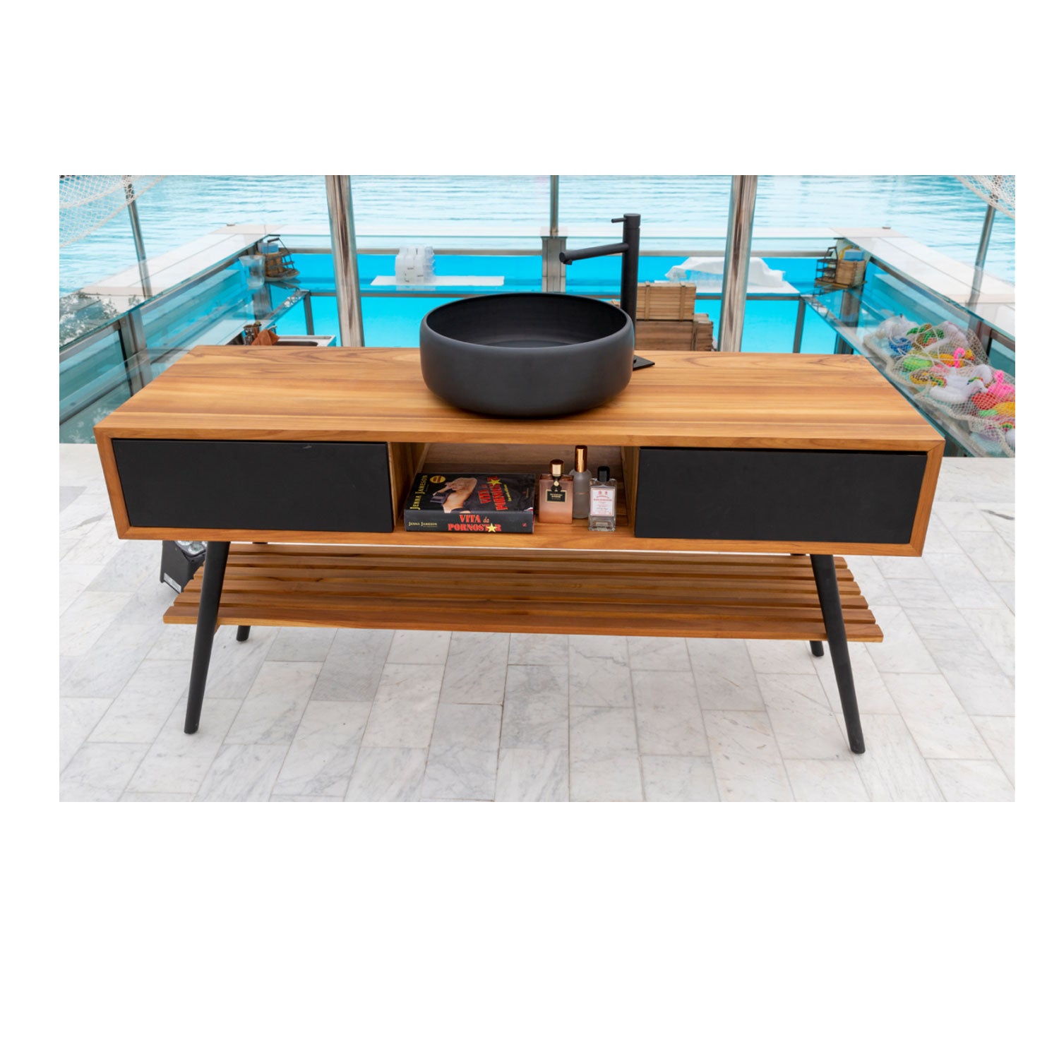 Consolle da bagno in Teak naturale serie Feelgood Cipi 150cm - frontale nero by CeramicStore | Lo specialista del tuo bagno