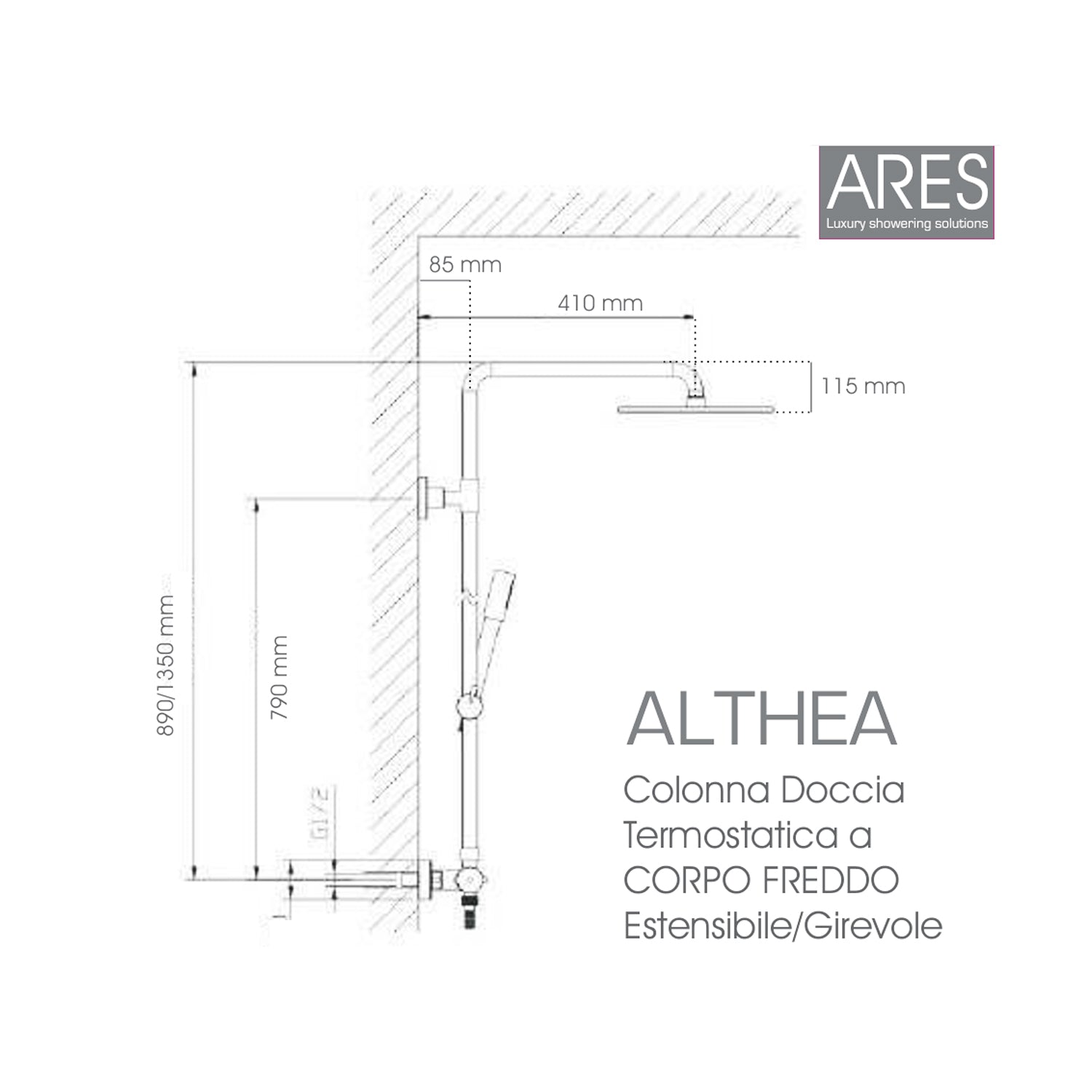 Colonna doccia termostatica quadrata con soffione 25x25 cm e corpo telescopico by CeramicStore | Lo specialista del tuo bagno