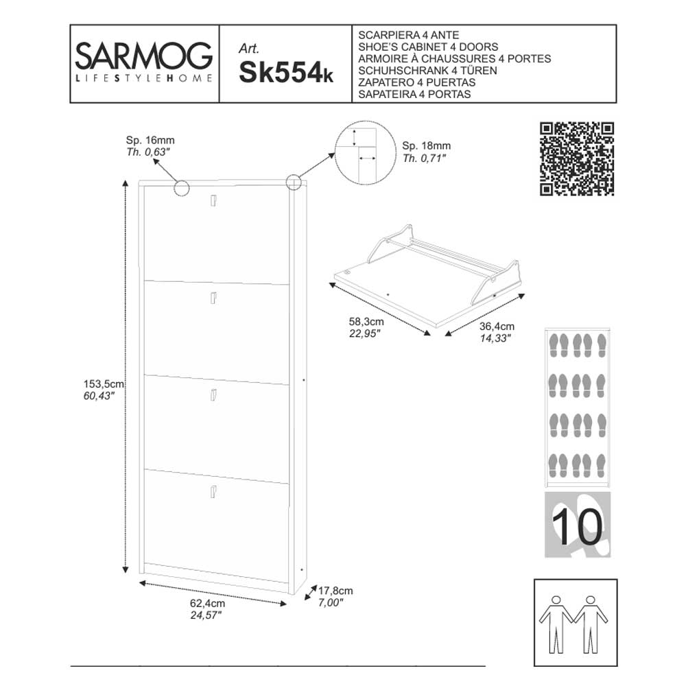 Elegante scarpiera a 4 ante con maniglia satinata finitura Olmo Chiaro by Sarmog by CeramicStore | Lo specialista del tuo bagno