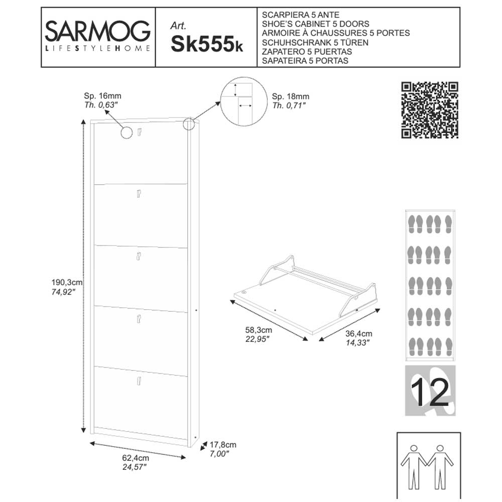 Elegante scarpiera a 5 ante con maniglia satinata finitura Olmo Chiaro by Sarmog by CeramicStore | Lo specialista del tuo bagno