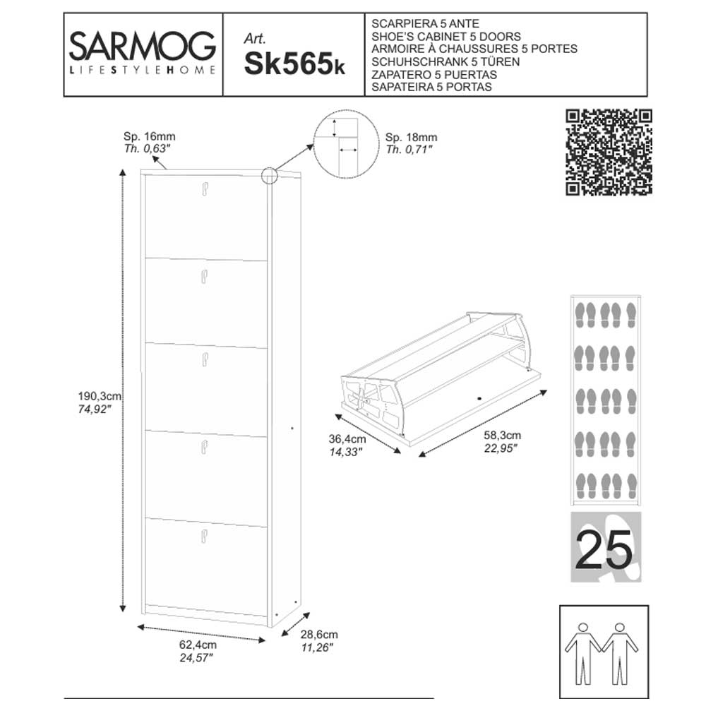 Elegante scarpiera a 5 ante con maniglia satinata Profondità 29 cm finitura Ossido Bianco by Sarmog by CeramicStore | Lo specialista del tuo bagno