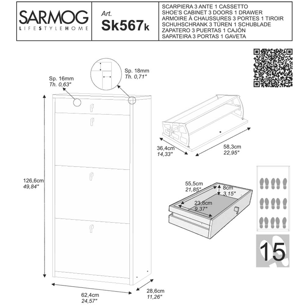 Elegante scarpiera a 3 ante + 1 Cassetto con maniglia satinata Profondità 29 cm finitura Bianco Fiammato by Sarmog by CeramicStore | Lo specialista del tuo bagno
