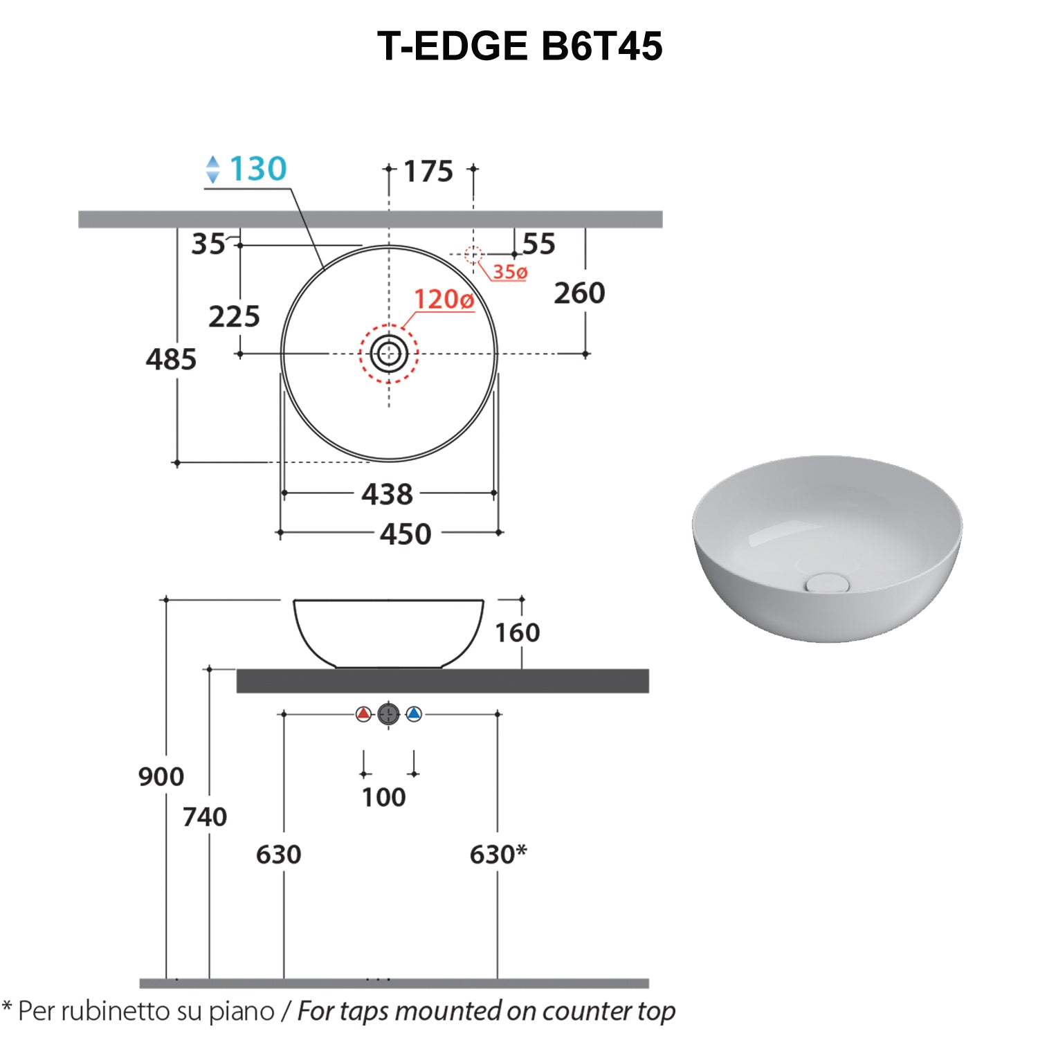 Lavabo da appoggio bianco opaco Ceramica Globo T-Edge à˜ 45 h.16 cm