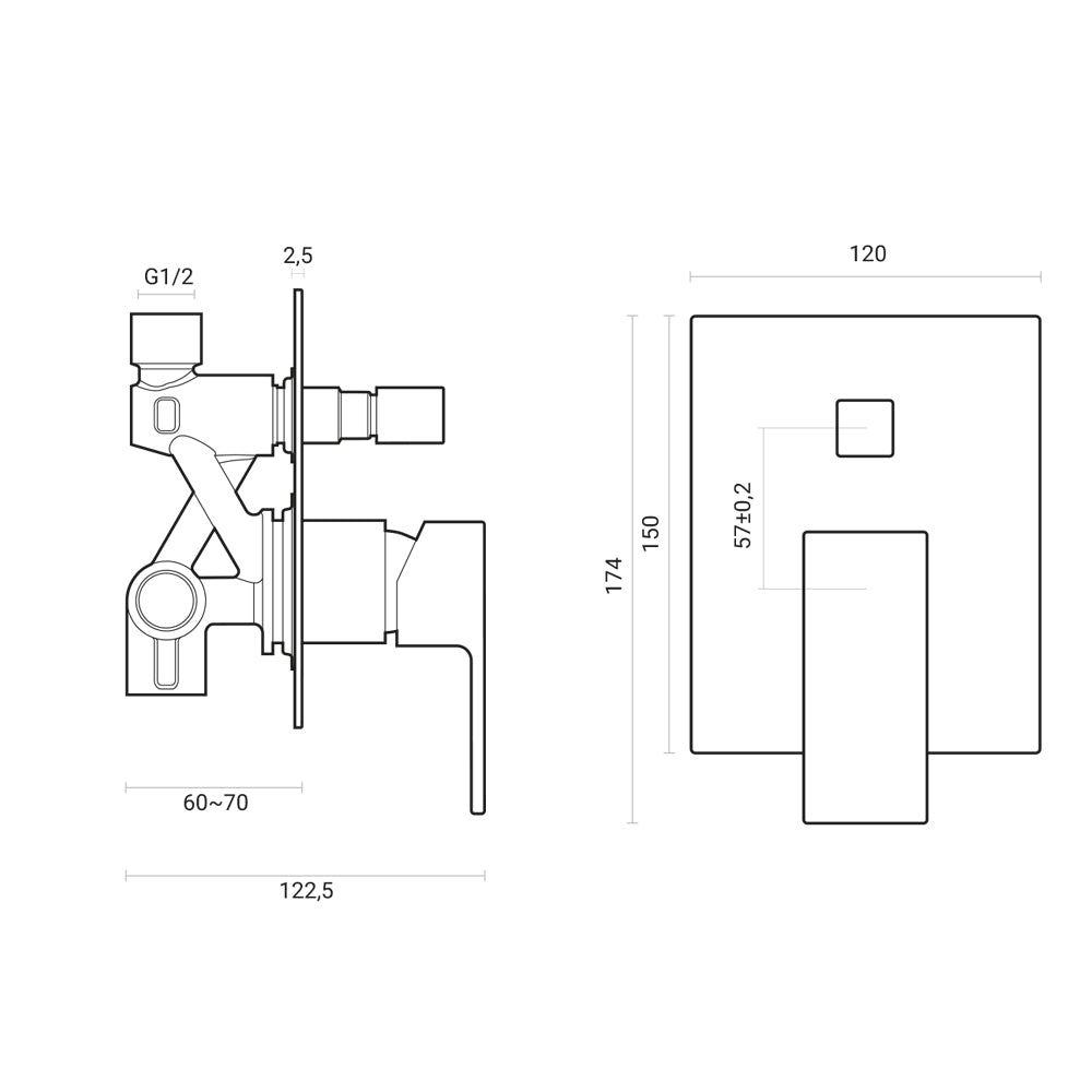 Miscelatore doccia incasso Square con deviatore 2 vie ottone cromato con placca Slim by CeramicStore | Lo specialista del tuo bagno