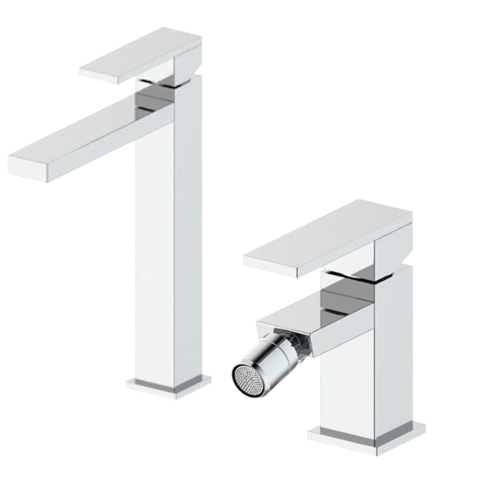 Composizione RubiFlux Square con miscelatore lavabo alto+ bidet ottone cromo con pilette di scarico by CeramicStore | Lo specialista del tuo bagno