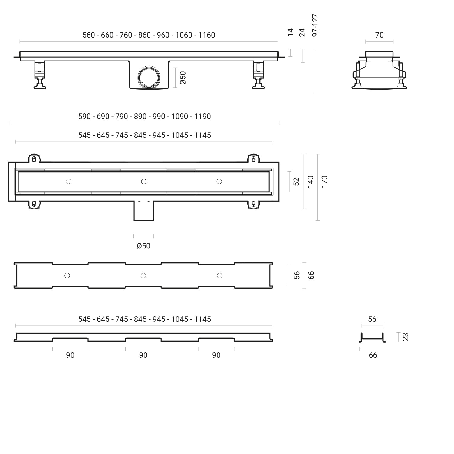 Canalina doccia incasso rettangolare 120x7 cm cover inox predisposta per piastrella e flange di supporto by CeramicStore | Lo specialista del tuo bagno