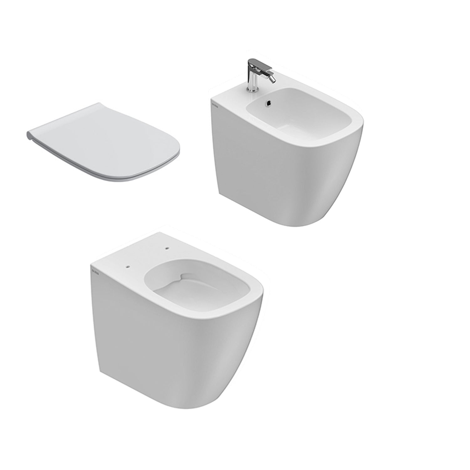 Sanitari filoparete senza brida con scarico traslato Ceramica Globo Genesis wc, bidet e sedile soft close