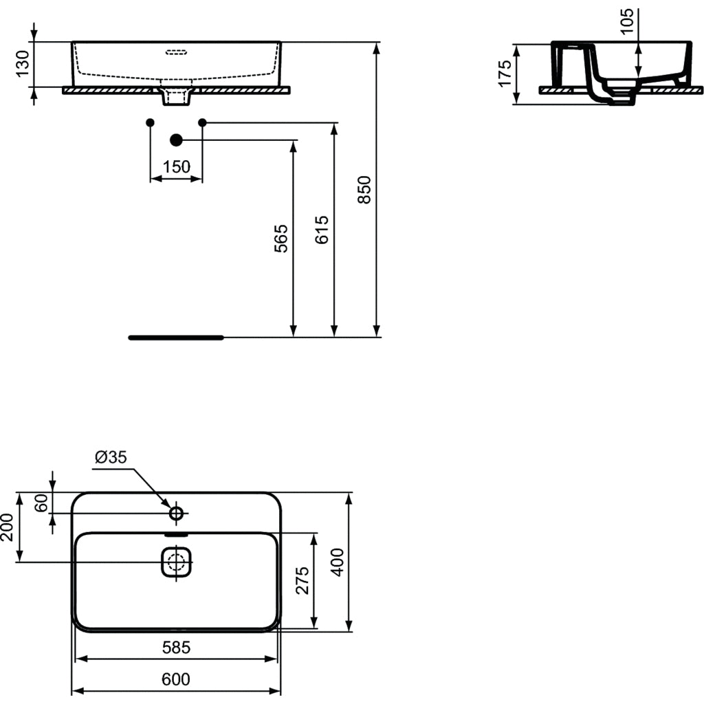 Lavabo d'appoggio 60x40 Ideal Standard Strada II con foro rubinetto
