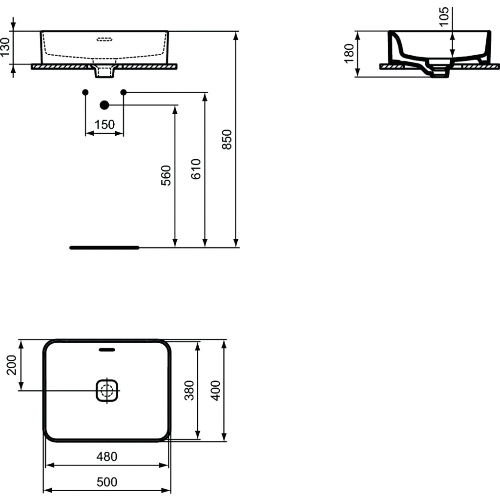 Lavabo d'appoggio 50x40 Ideal Standard Strada II senza foro rubinetto