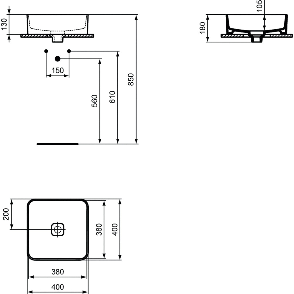 Lavabo d'appoggio 40x40 Ideal Standard Strada II senza foro rubinetto e troppopieno