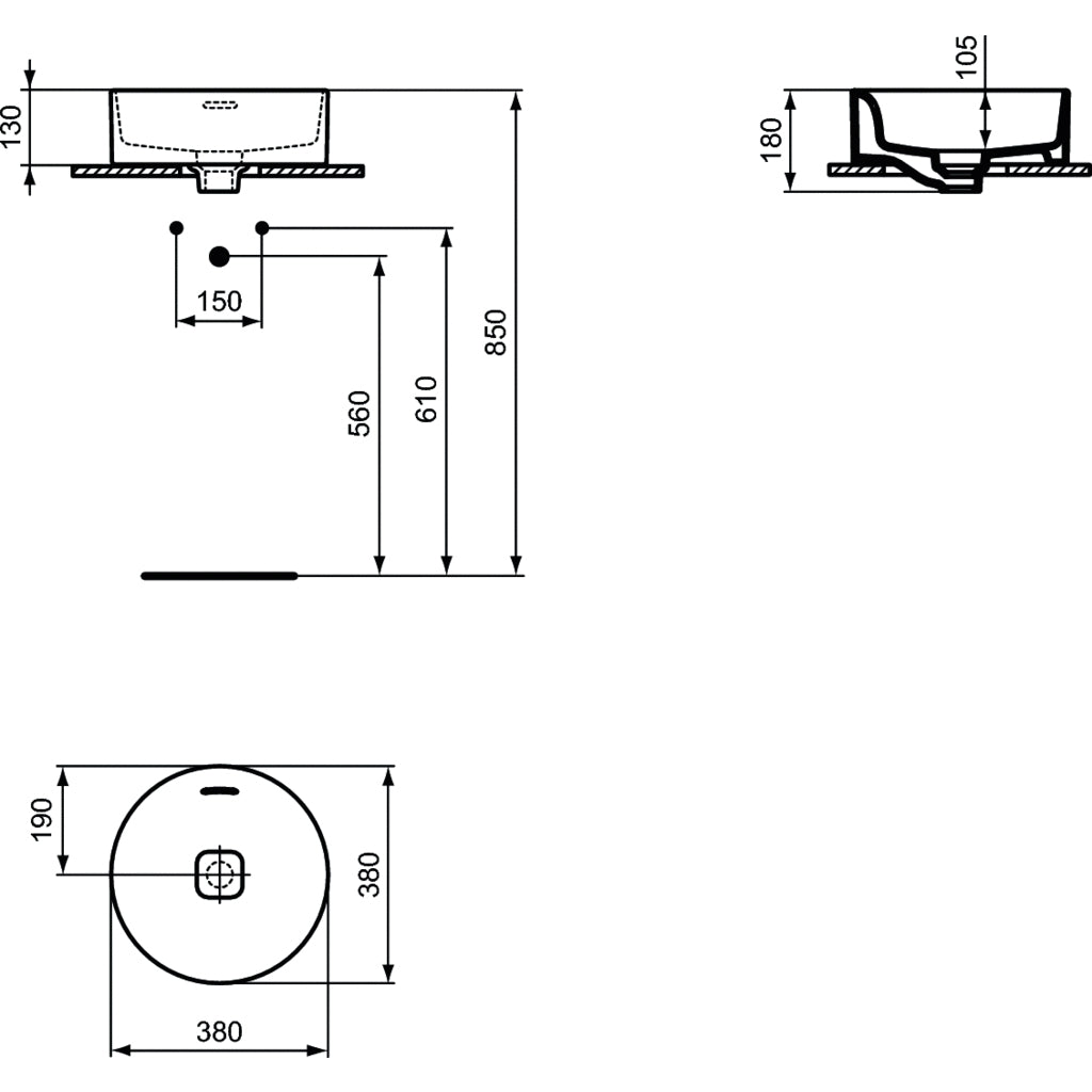 Lavabo d'appoggio 38x38 Ideal Standard Strada II con troppopieno e senza foro rubinetto
