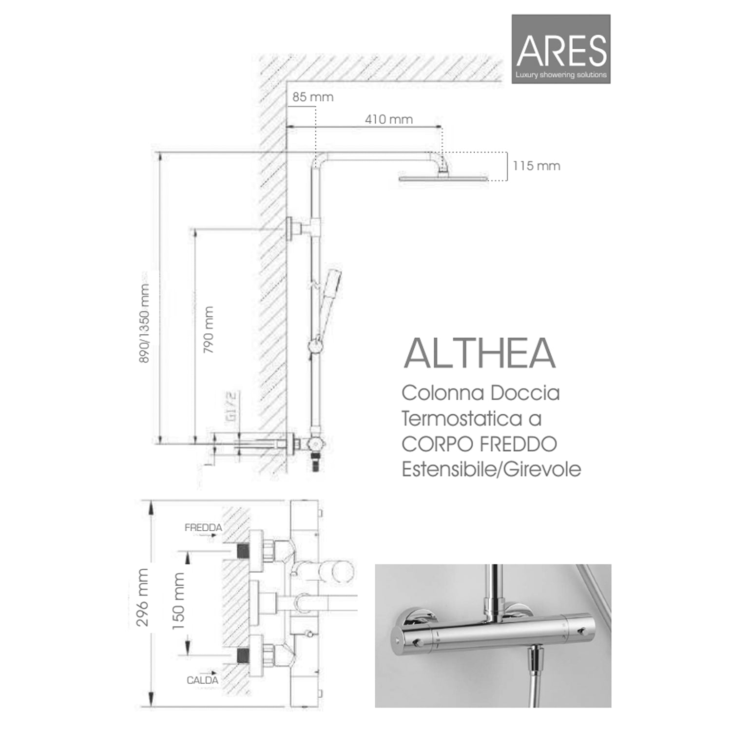 Colonna doccia termostatica Ares Althea LT con soffione quadrato 20x20 cm telescopica by CeramicStore | Lo specialista del tuo bagno