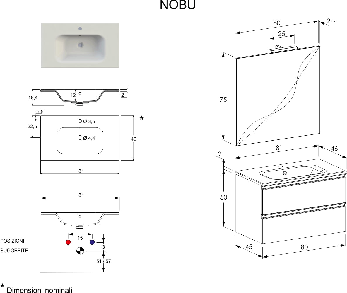 Composizione bagno sospesa Nexu 2 cassetti con lavabo specchio con lampada LED 80x50 cm rovere naturale by CeramicStore | Lo specialista del tuo bagno