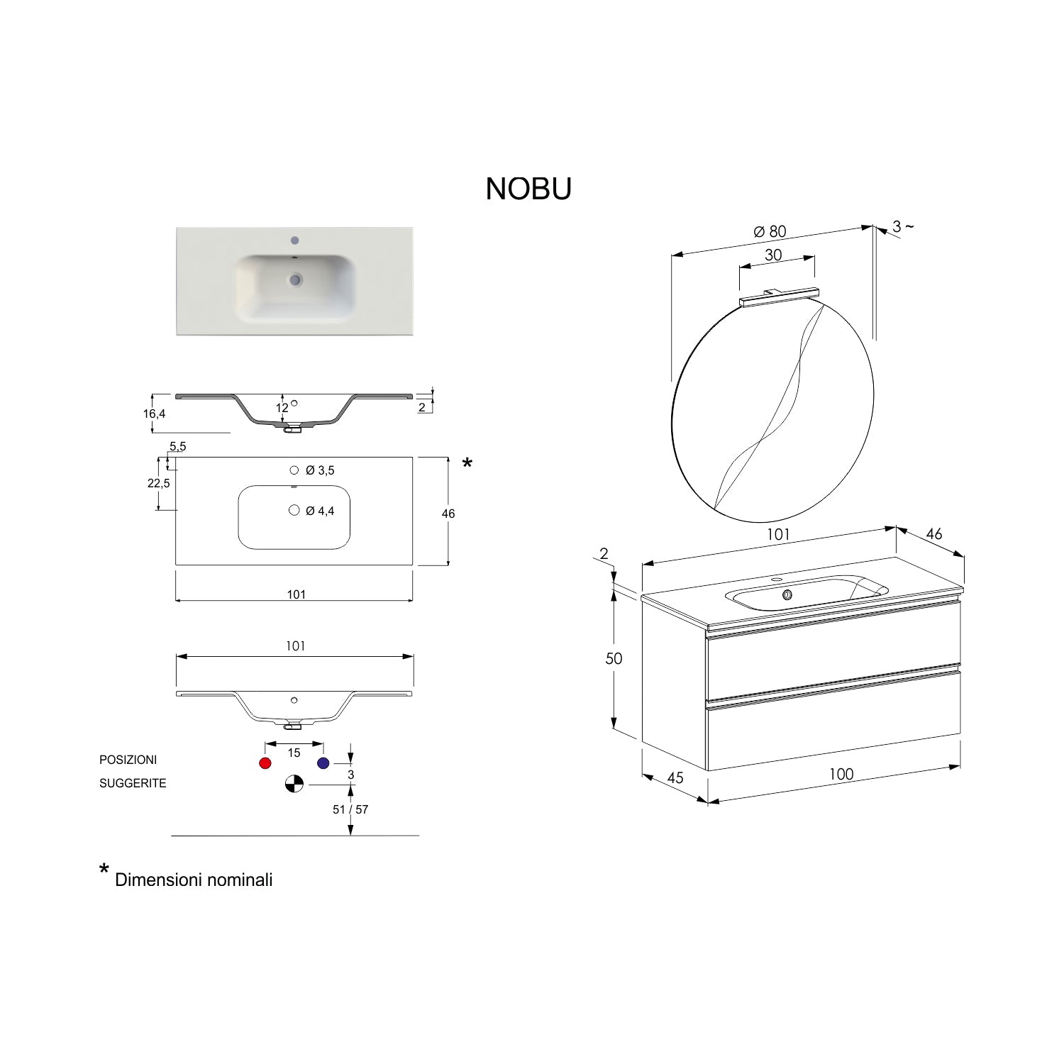 Composizione bagno sospesa Nexu 2 cassetti con lavabo specchio con lampada LED 100x50 cm bianco by CeramicStore | Lo specialista del tuo bagno