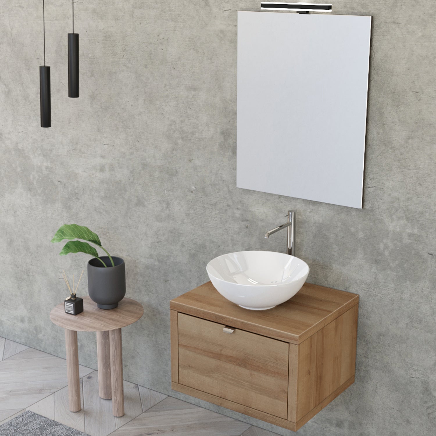 Composizione bagno sospesa Nyumba a 1 cassetto con lavabo, specchio con lampada LED 60x40 cm legno rovere by CeramicStore | Lo specialista del tuo bagno