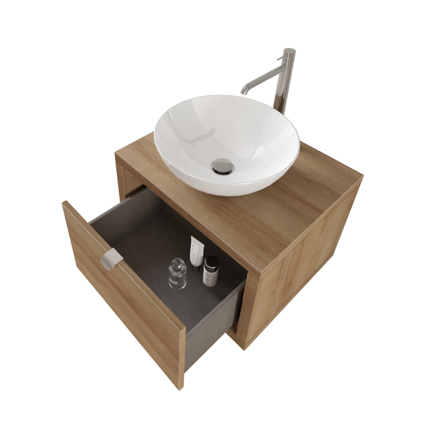 Composizione bagno sospesa Nyumba a 1 cassetto con lavabo, specchio con lampada LED 60x40 cm legno rovere by CeramicStore | Lo specialista del tuo bagno