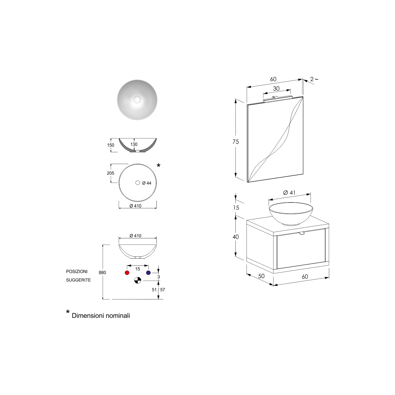 Composizione bagno sospesa Nyumba a 1 cassetto con lavabo, specchio con lampada LED 60x40 cm legno rovere by CeramicStore | Lo specialista del tuo bagno
