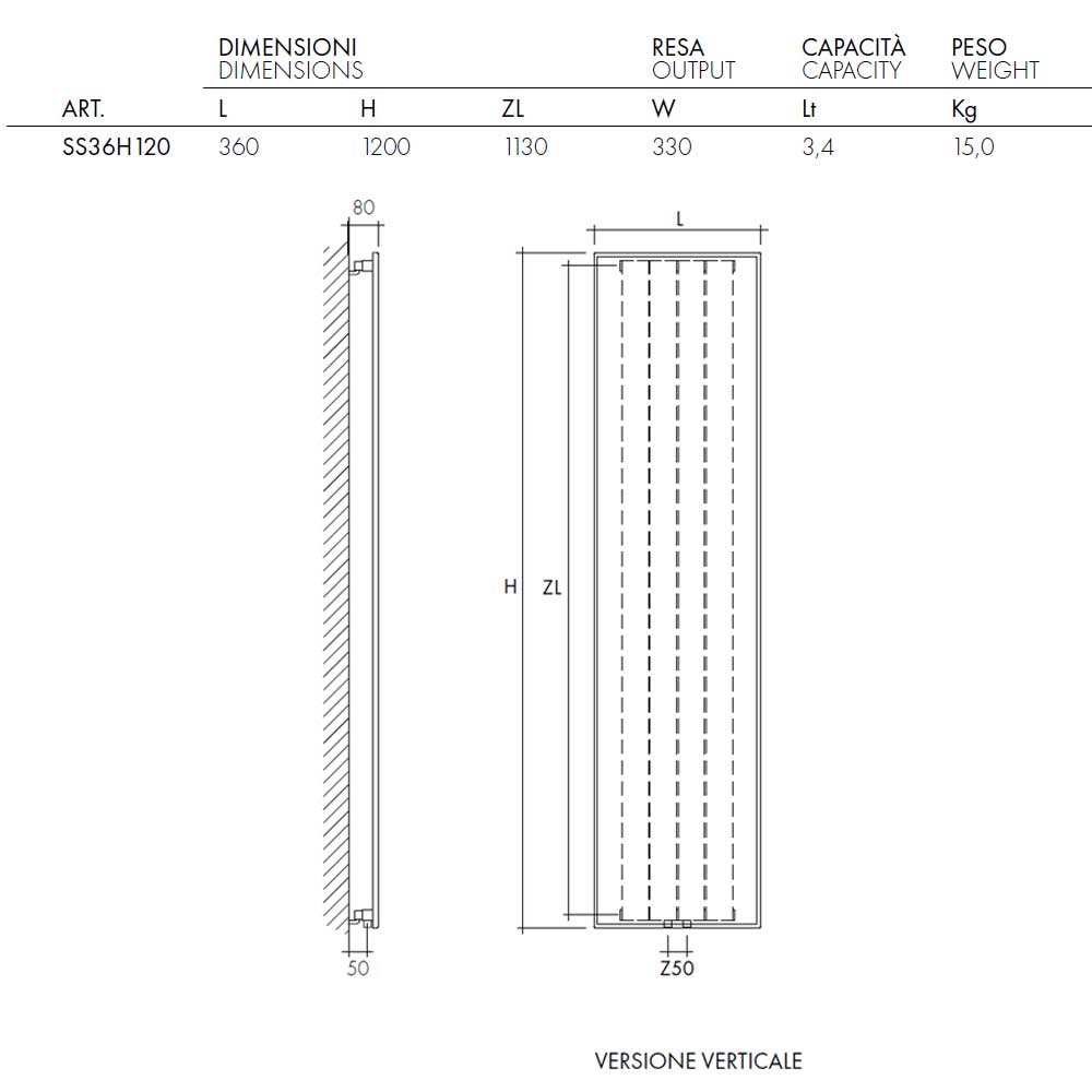 Termoarredo idraulico a piastra verticale modello TermoCrea Bianco 1200x360 mm interasse 50 mm By Scirocco by CeramicStore | Lo specialista del tuo bagno