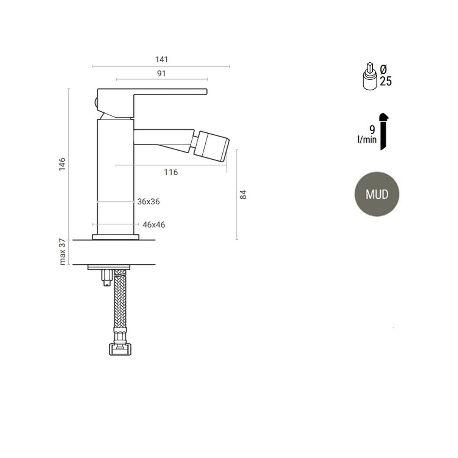 Miscelatore bidet monocomando RubiFlux Square Mud con piletta di scarico click-clack - Grigio Fango by CeramicStore | Lo specialista del tuo bagno
