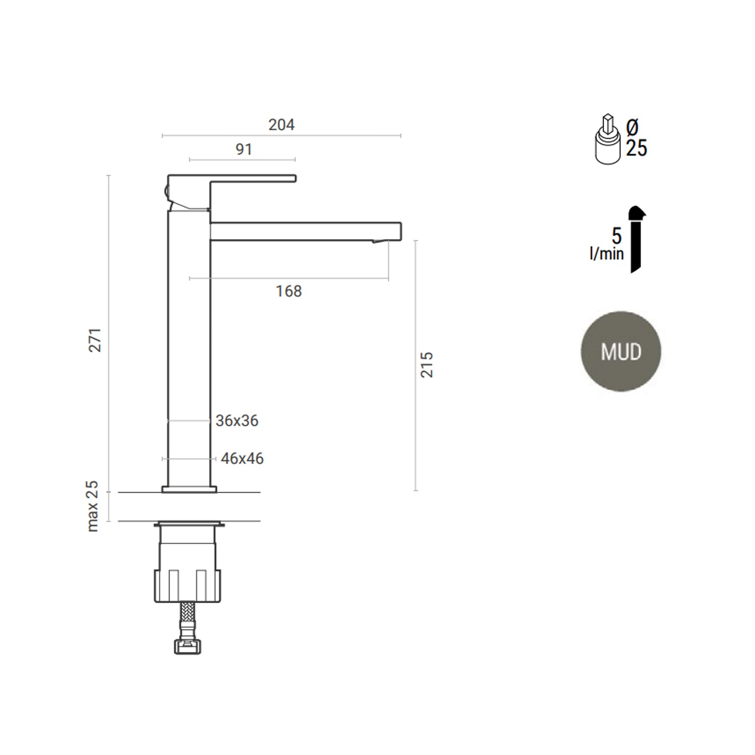Miscelatore lavabo monocomando alto RubiFlux Square Mud con piletta di scarico click-clack - Grigio Fango by CeramicStore | Lo specialista del tuo bagno