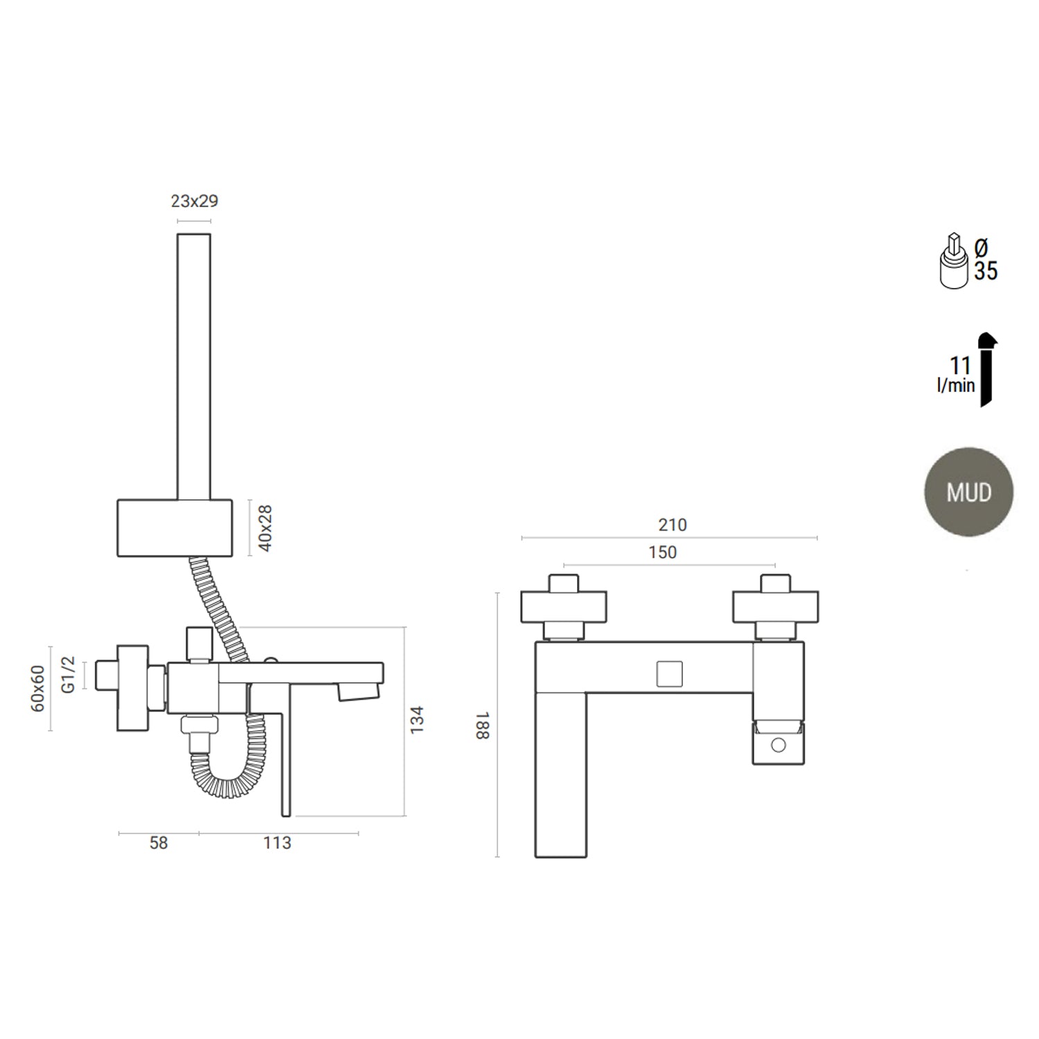Miscelatore monocomando per vasca con kit doccino, eccentrici e rosoni RubiFlux Square Mud - Grigio fango by CeramicStore | Lo specialista del tuo bagno