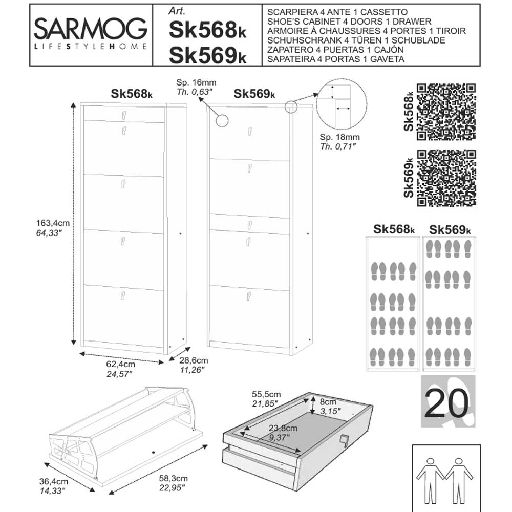 Elegante scarpiera a 4 ante + 1 Cassetto con maniglia satinata Profondità 29 cm finitura Noce Stelvio by Sarmog by CeramicStore | Lo specialista del tuo bagno