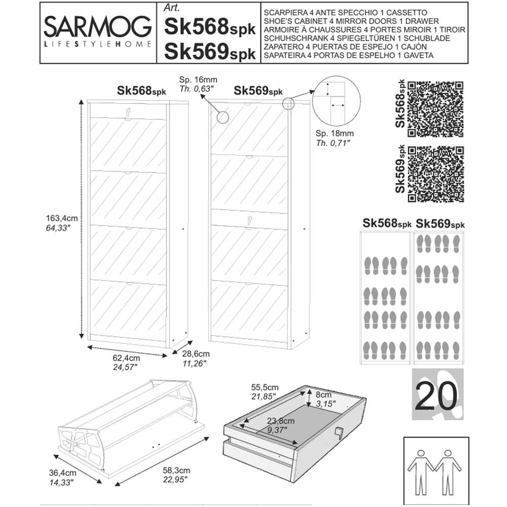 Elegante scarpiera a 4 ante + 1 Cassetto Centrale con maniglia satinata Profondità 29 cm finitura Bianco Fiammato / Specchio Naturale by Sarmog by CeramicStore | Lo specialista del tuo bagno