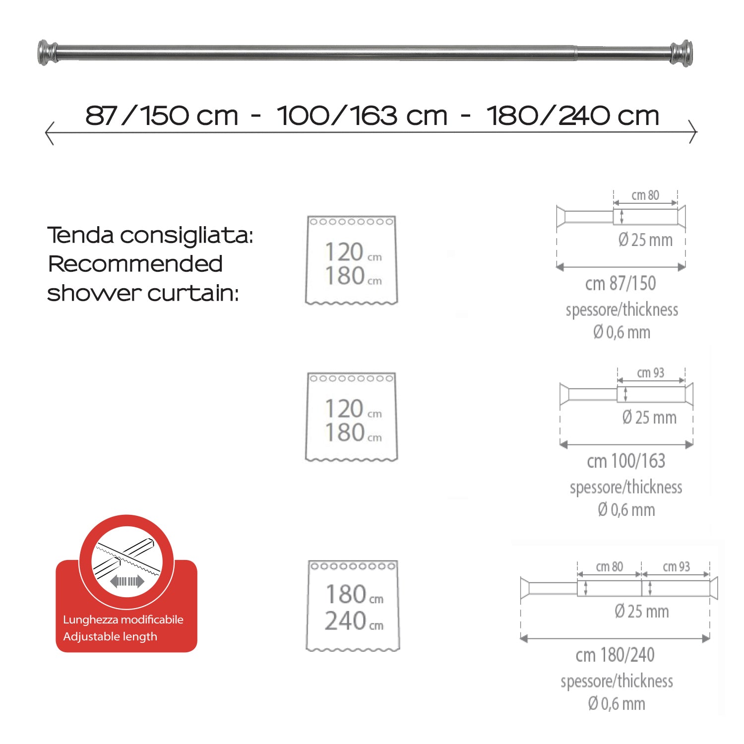 Asta doccia estensibile 105/240 cm di Gedy - Alluminio Anodizzato by CeramicStore | Lo specialista del tuo bagno