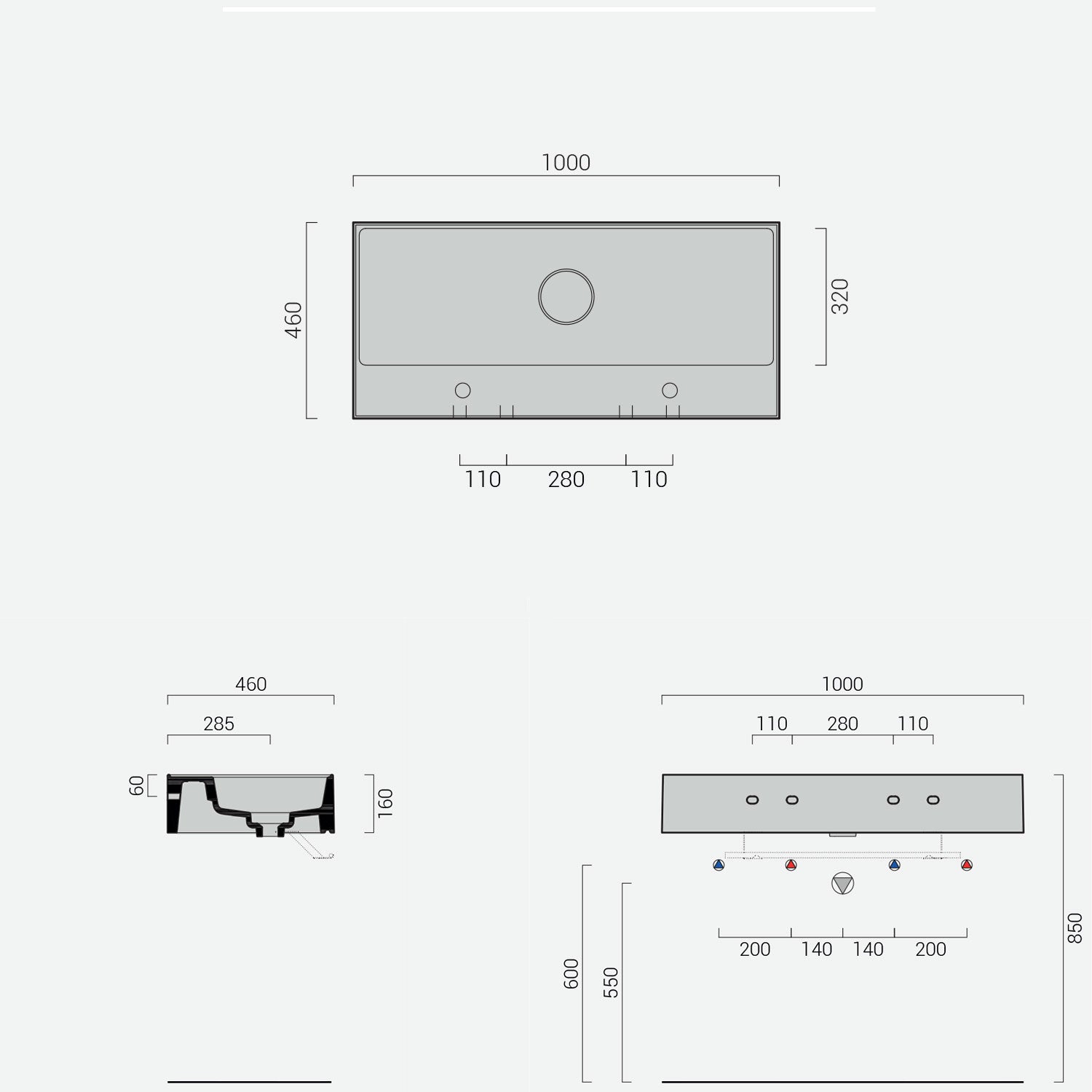 Lavabo lavatrucco doppio rubinetto Domus Falerii 100x46 cm installazione sospesa o da appoggio by CeramicStore | Lo specialista del tuo bagno