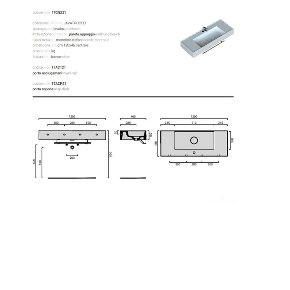 Lavabo lavatrucco vasca centrale Domus Falerii 120x46 cm installazione sospesa o da appoggio by CeramicStore | Lo specialista del tuo bagno