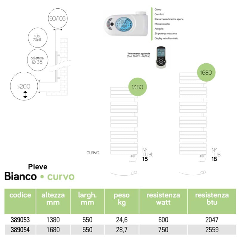 Termoarredo elettrico bianco curvo Lazzarini E-Pieve 1680x550 cm 750 watt by CeramicStore | Lo specialista del tuo bagno