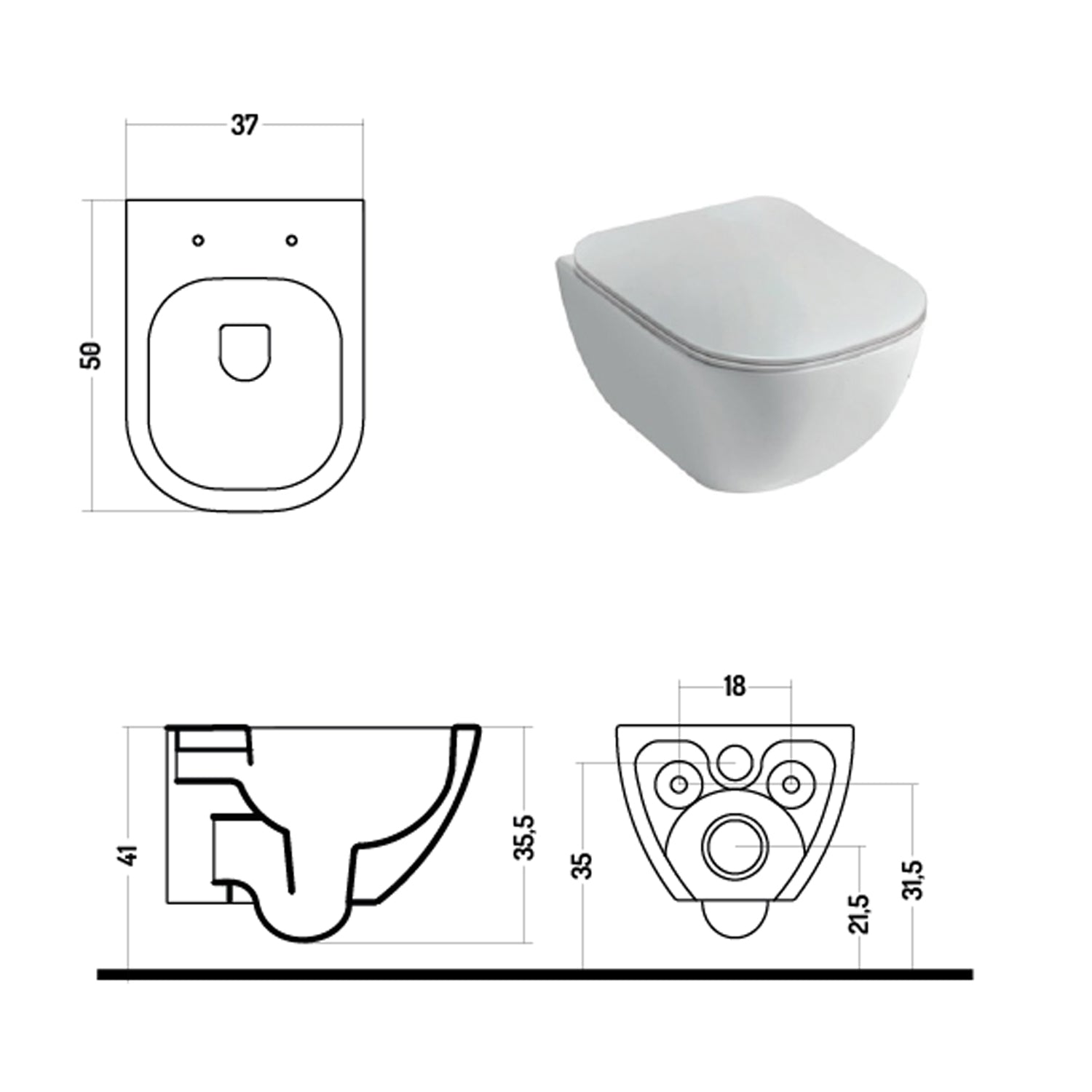 Wc sospeso serie Forever 50 in ceramica bianca lucida con coprivaso chiusura tradizionale - Disegno Ceramica