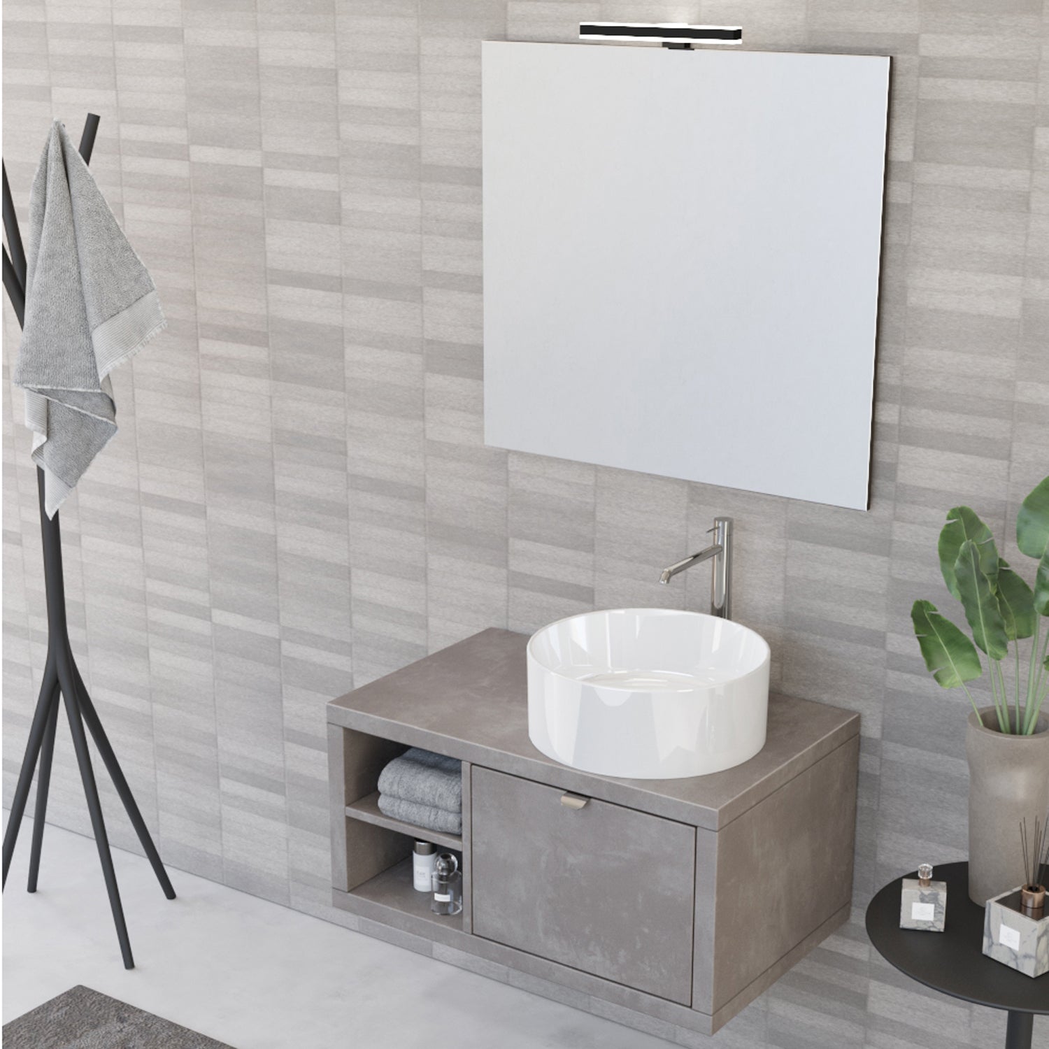 Composizione bagno sospesa Nyumba a 1 cassetto e vano a giorno con lavabo, specchio e lampada LED e pensile 80x40 cm grigio caldo by CeramicStore | Lo specialista del tuo bagno