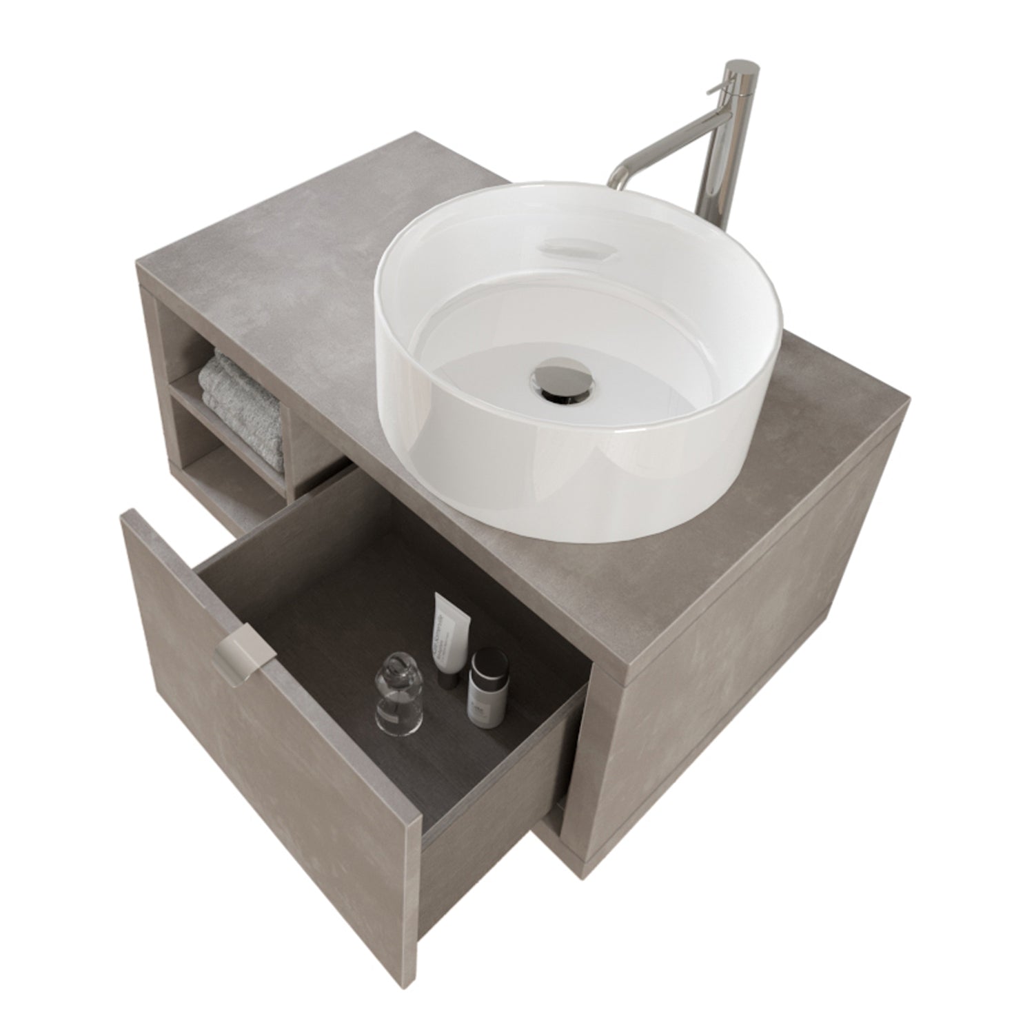Composizione bagno sospesa Nyumba a 1 cassetto e vano a giorno con lavabo, specchio e lampada LED e pensile 80x40 cm grigio caldo by CeramicStore | Lo specialista del tuo bagno