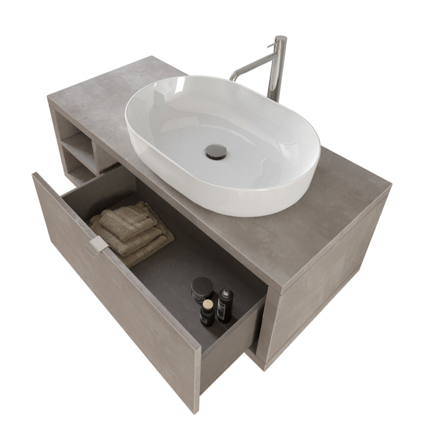 Composizione bagno sospesa Nyumba a 1 cassetto e vano a giorno con lavabo, specchio e lampada LED 110x40 cm grigio caldo by CeramicStore | Lo specialista del tuo bagno