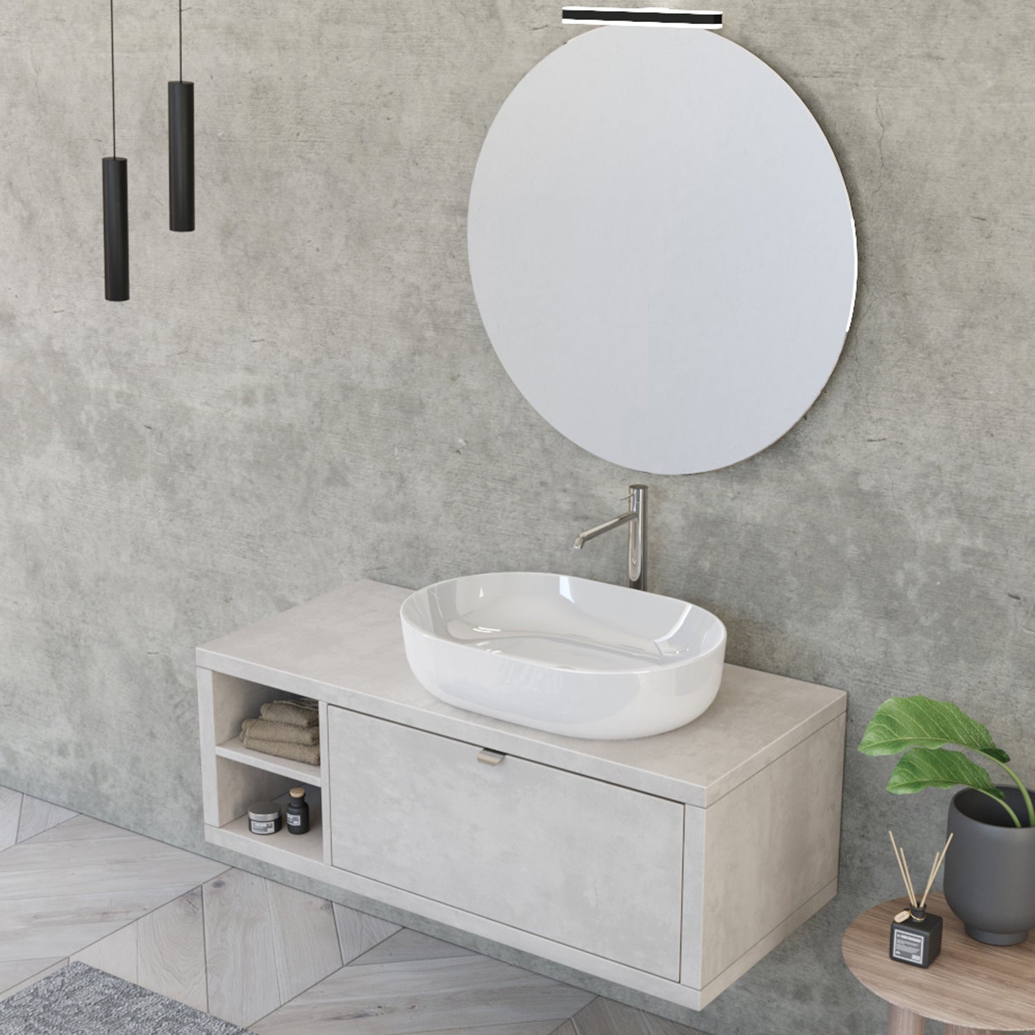 Composizione bagno sospesa Nyumba a 1 cassetto e vano a giorno con lavabo, specchio e lampada LED 110x40 cm grigio cielo by CeramicStore | Lo specialista del tuo bagno
