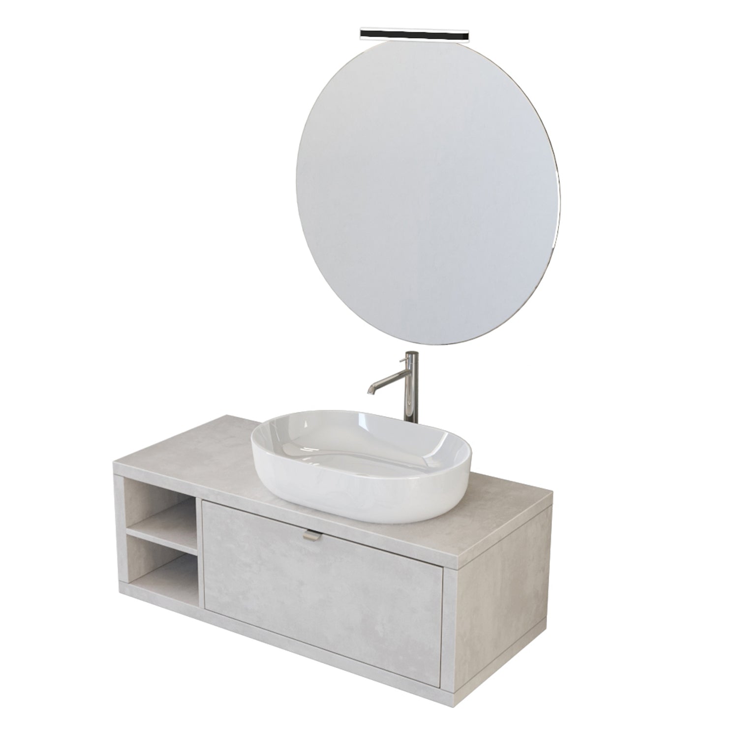 Composizione bagno sospesa Nyumba a 1 cassetto e vano a giorno con lavabo, specchio e lampada LED 110x40 cm grigio cielo by CeramicStore | Lo specialista del tuo bagno