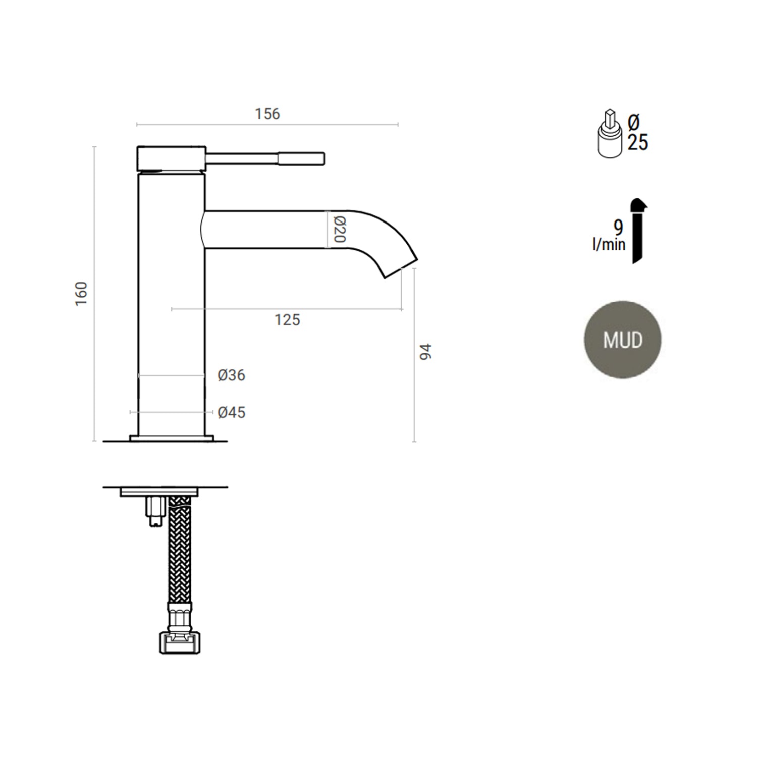 Miscelatore lavabo monocomando RubiFlux York Mud con piletta di scarico click-clack - Grigio Fango by CeramicStore | Lo specialista del tuo bagno