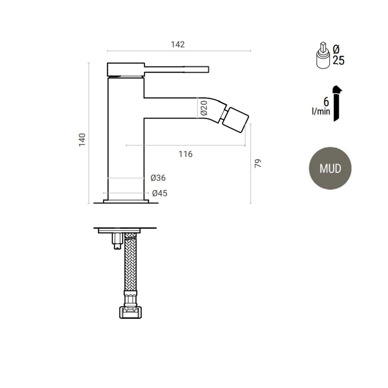 Miscelatore bidet monocomando RubiFlux York Mud con piletta di scarico click-clack - Grigio Fango by CeramicStore | Lo specialista del tuo bagno