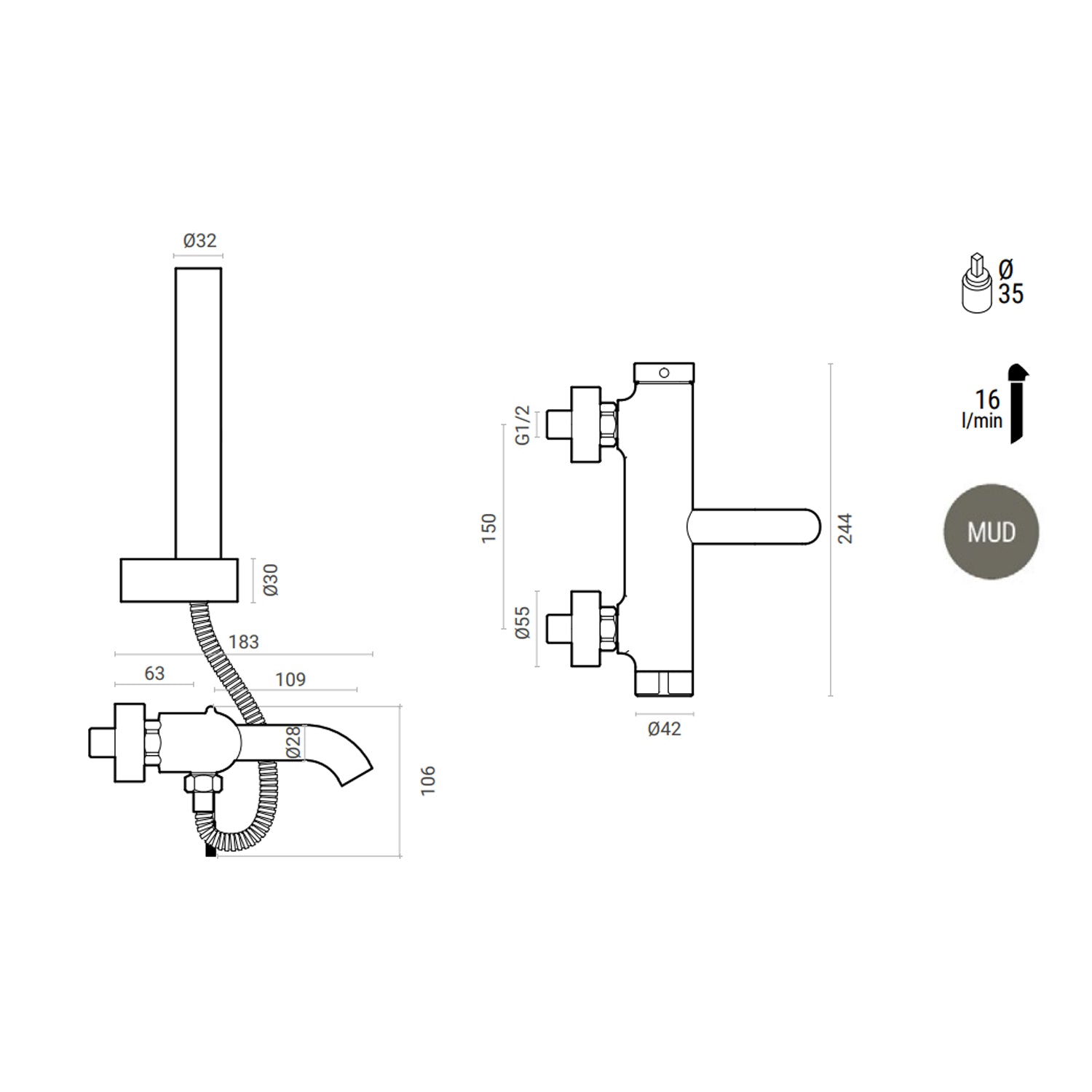 Miscelatore monocomando per vasca con kit doccino, eccentrici e rosoni RubiFlux York Mud - Grigio fango by CeramicStore | Lo specialista del tuo bagno