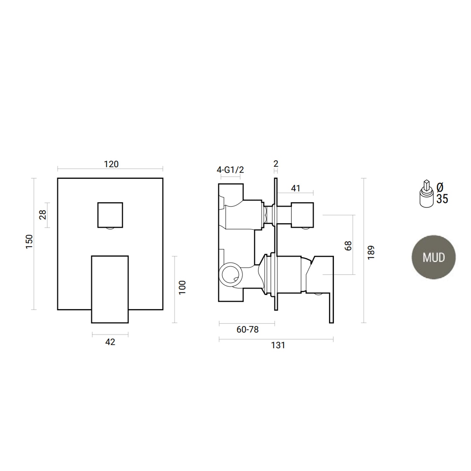 Miscelatore ad incasso quadro per doccia con deviatore 2 vie RubiFlux Square Mud - Grigio Fango by CeramicStore | Lo specialista del tuo bagno