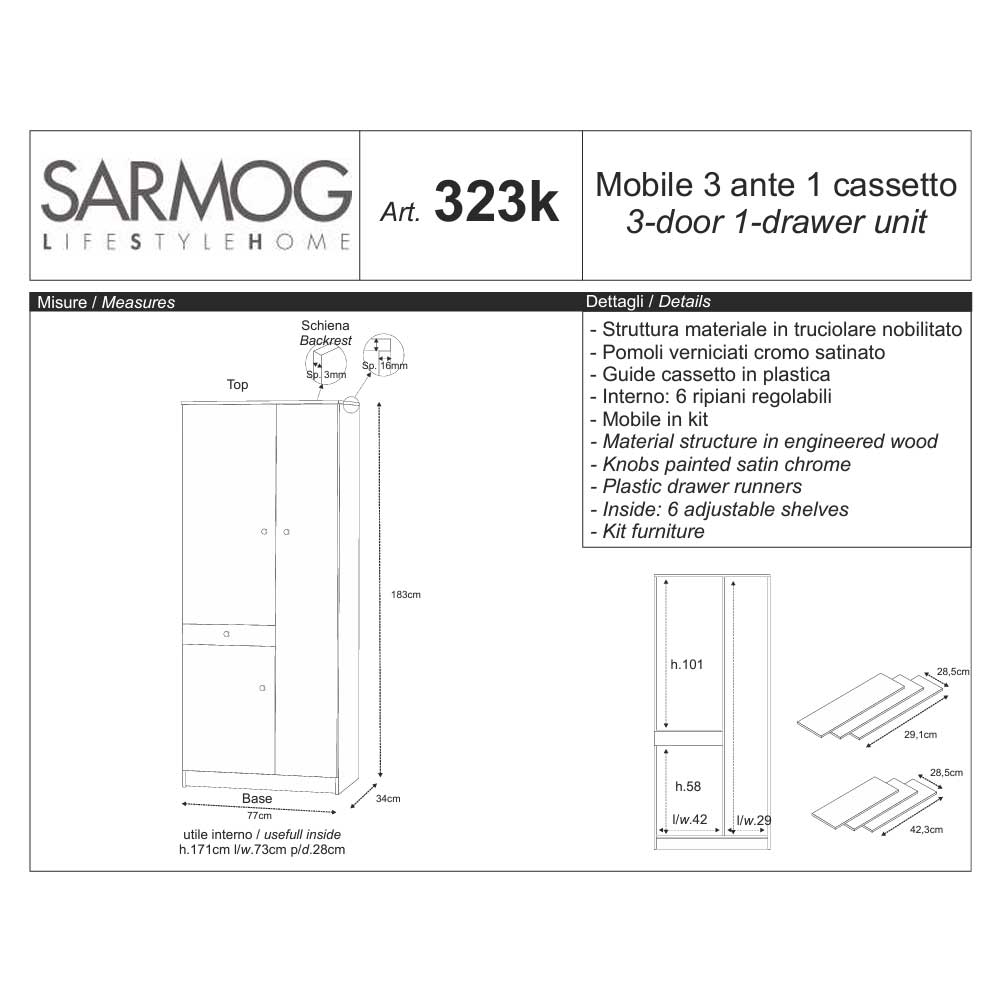 Mobile Multiuso a 3 ante e 1 cassetto con 6 ripiani regolabili finitura Olmo Chiaro by Sarmog by CeramicStore | Lo specialista del tuo bagno