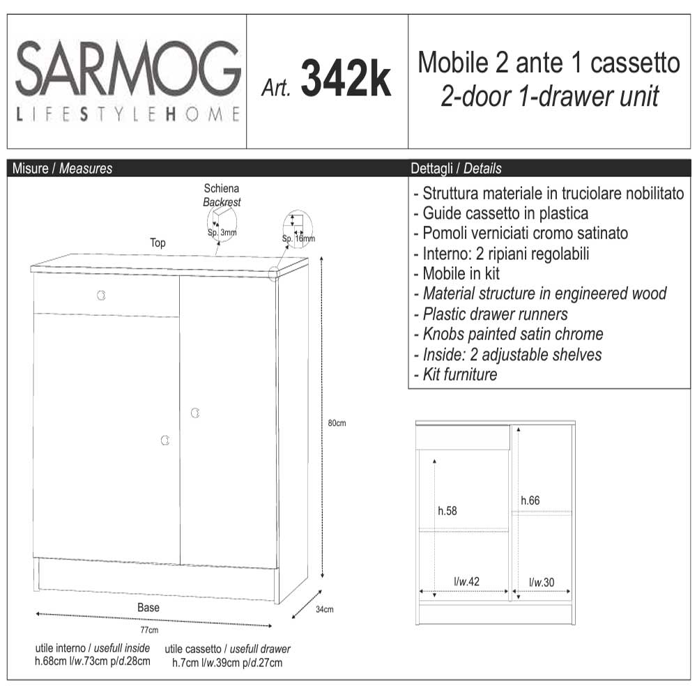 Mobile Multiuso Basso a 2 ante e 1 cassetto con 2 ripiani regolabili finitura Bianco Liscio by Sarmog by CeramicStore | Lo specialista del tuo bagno