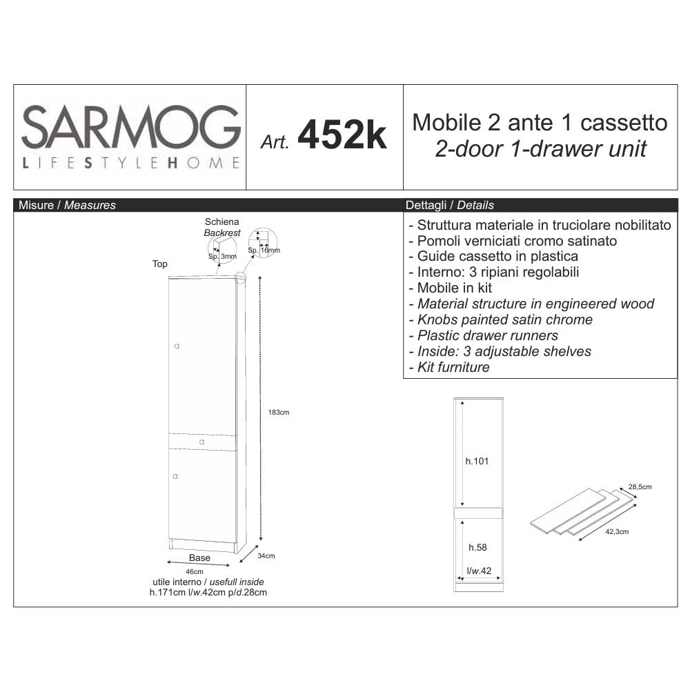 Mobile colonna a 2 ante e 1 cassetto con 3 ripiani regolabili finitura Bianco Liscio by Sarmog by CeramicStore | Lo specialista del tuo bagno