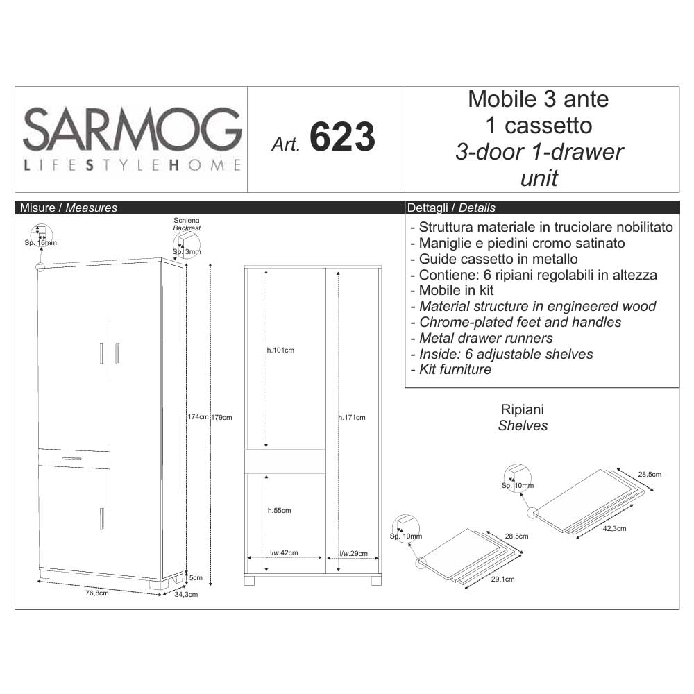 Mobile colonna a 3 ante e 1 cassetto con 6 ripiani finitura Olmo Chiaro by Sarmog by CeramicStore | Lo specialista del tuo bagno