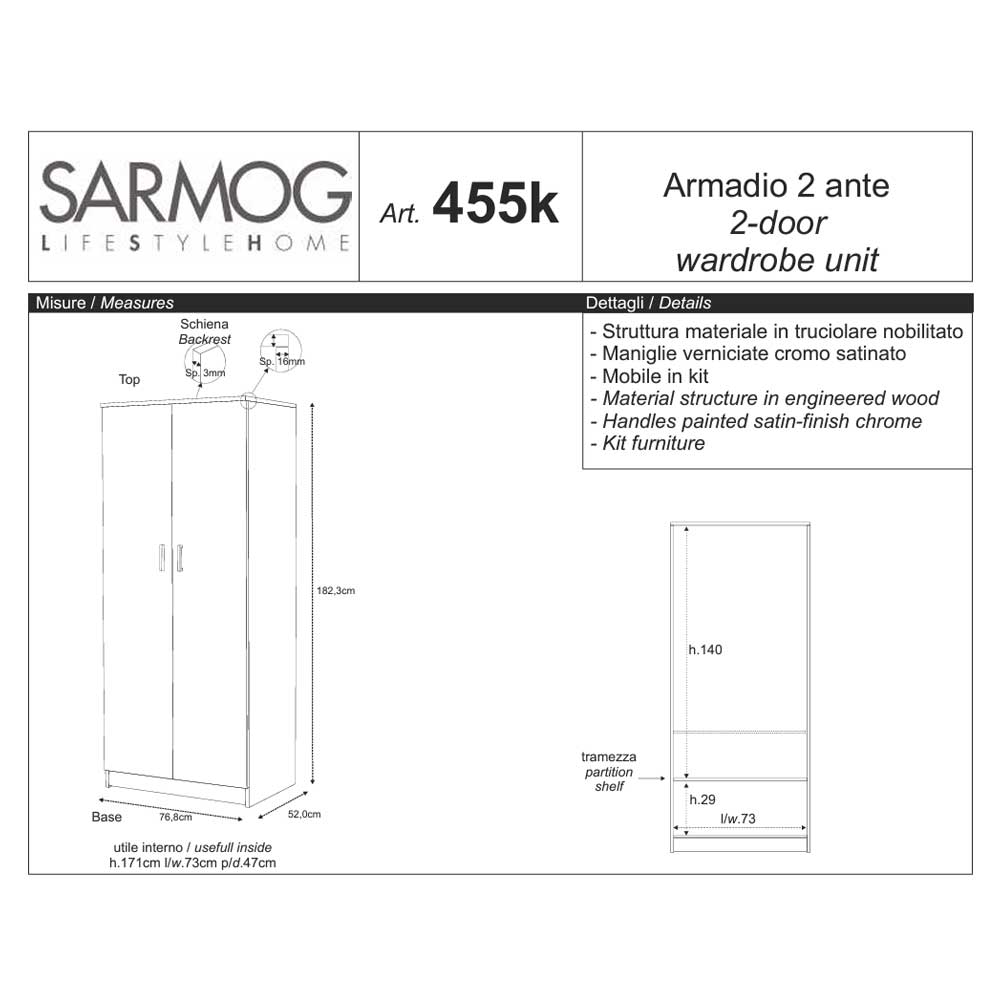 Armadio a due ante con barra portabiti e 2 ripiani finitura Eucalipto by Sarmog by CeramicStore | Lo specialista del tuo bagno
