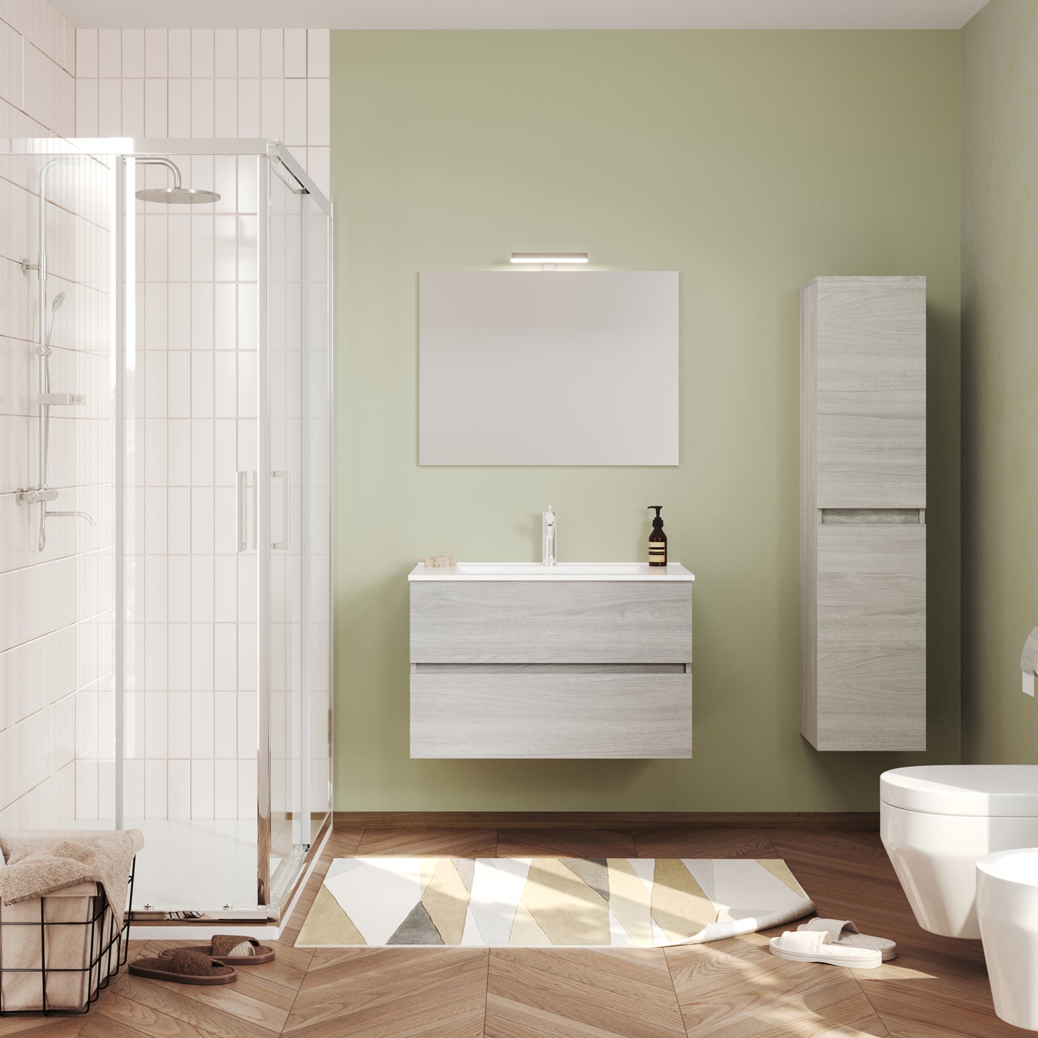 Mobile bagno sospeso 80 cm con specchiera e lavabo integrato Cubi&Co modello Symmetry Classic 2 - Rovere Grigio by CeramicStore | Lo specialista del tuo bagno