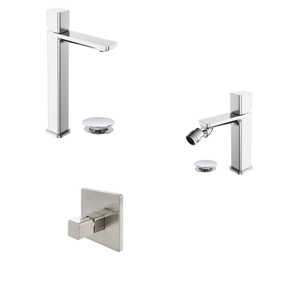 Kit miscelatore lavabo alto + bidet + doccia a una via RubiFlux serie Lilium Modello Grey con piletta clic-clac - Nickel spazzolato
