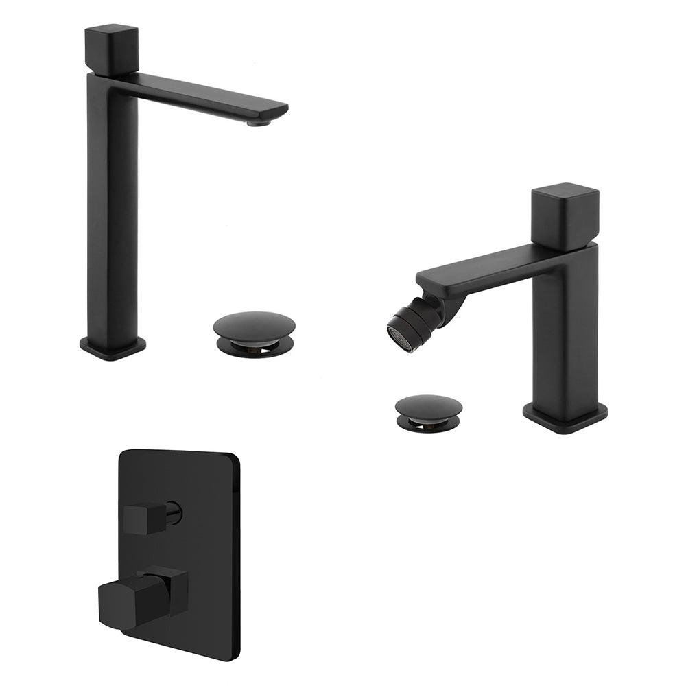 Kit miscelatore lavabo alto + bidet + doccia a due vie RubiFlux serie Lilium Modello Black con piletta clic-clac - Nero Opaco